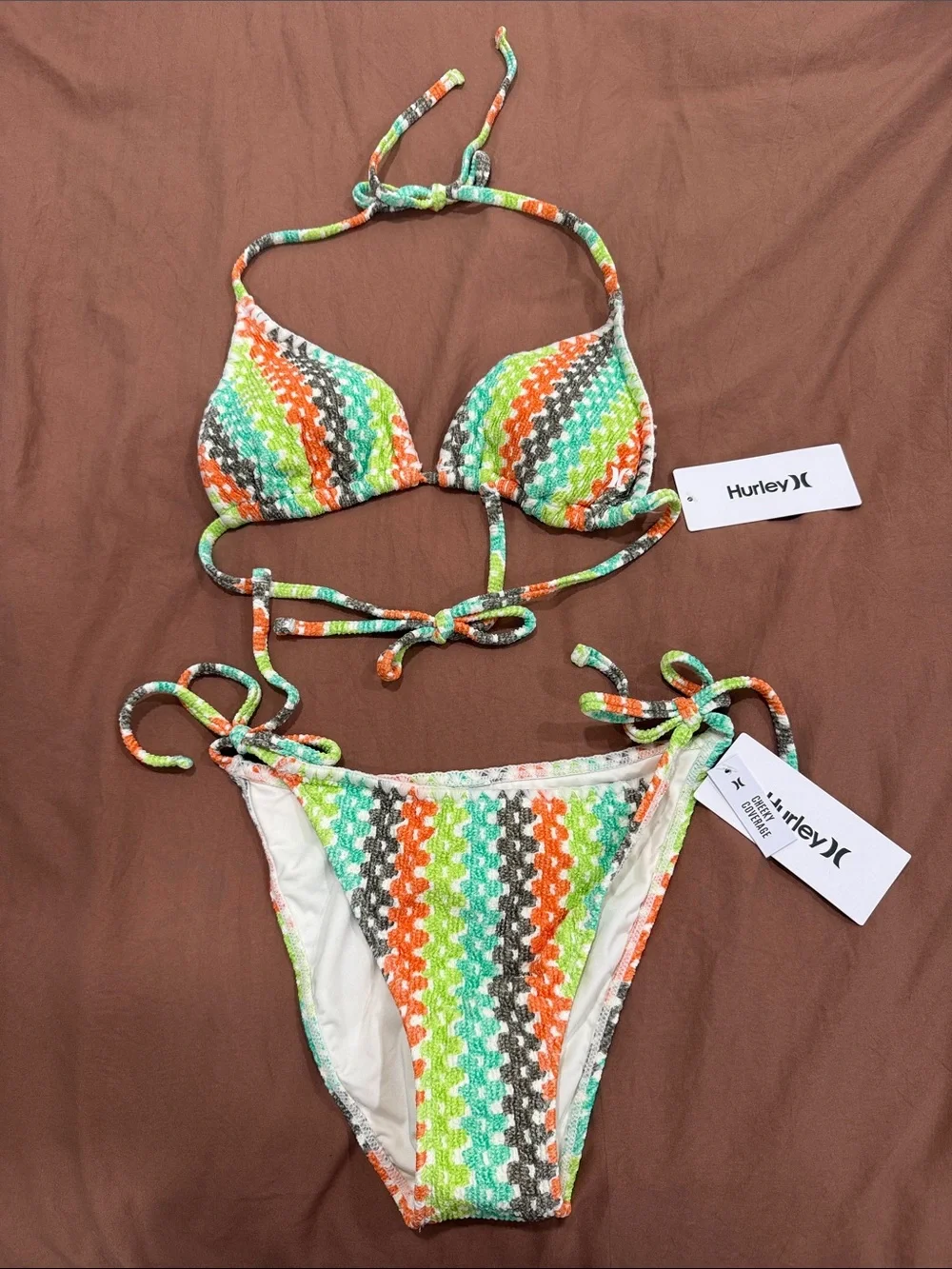 Hurley Girls' Neon Green Orange Gray Striped Tie-Side Bikini